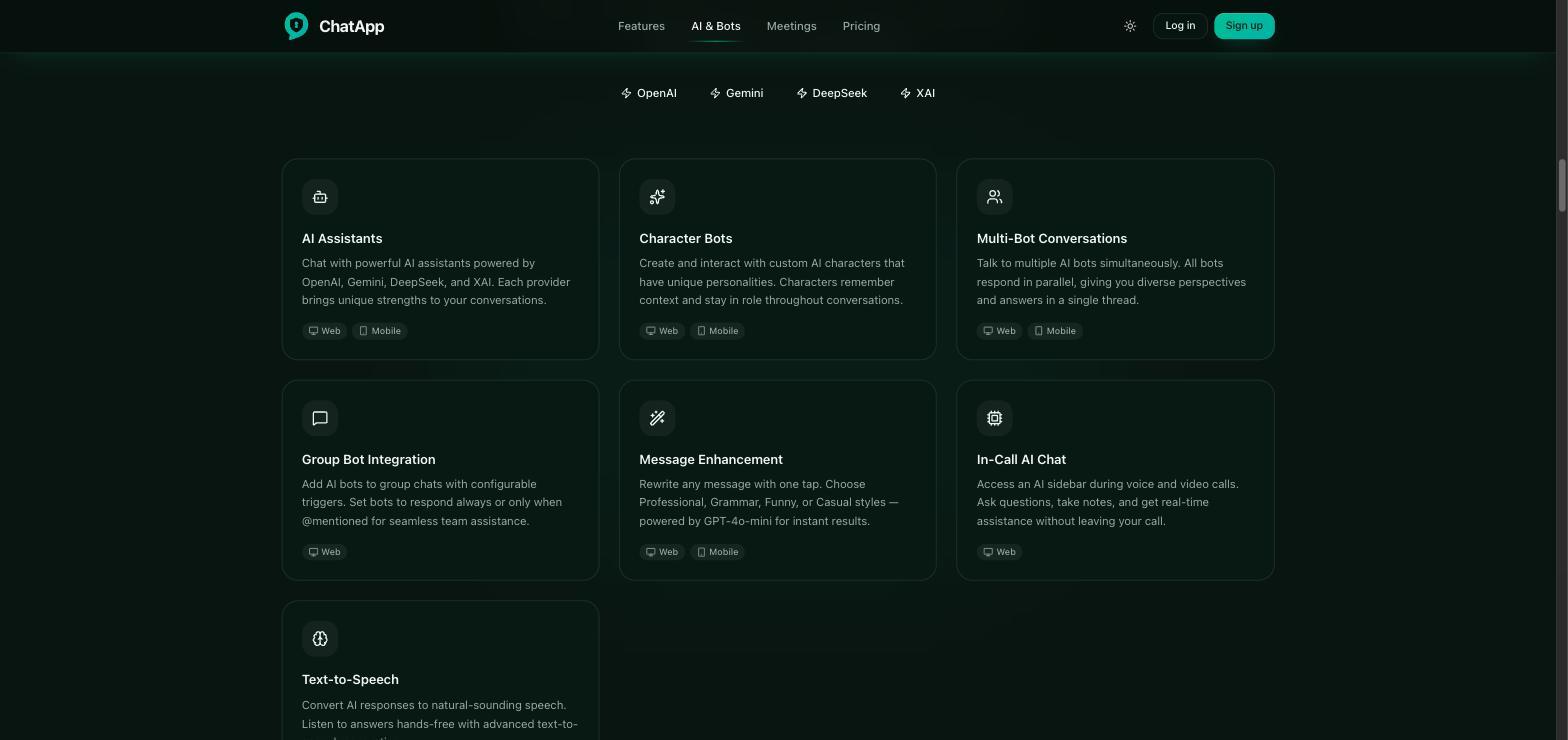 Landing page grid describing AI assistants, character bots, multi-bot conversations, group bot integration, message enhancement and in-call AI chat
