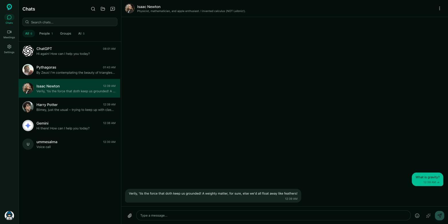 Conversation with the Isaac Newton character bot answering a question about gravity in character