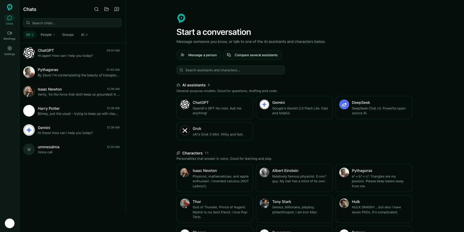 Signed-in app showing the chat list beside a discovery pane listing four AI assistants and eleven characters