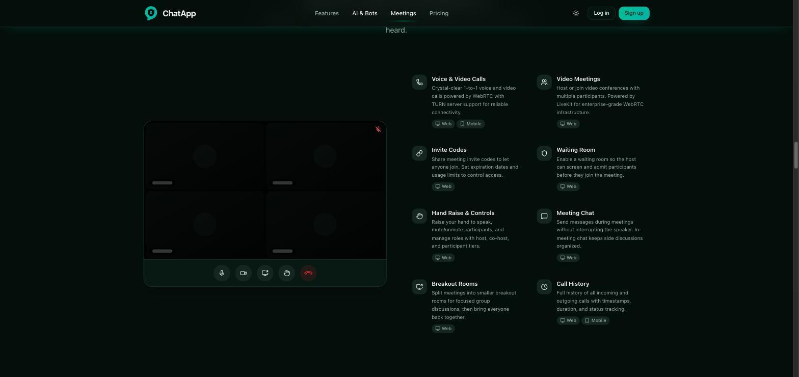Landing page meetings section listing voice and video calls, invite codes, waiting rooms, breakout rooms and call history