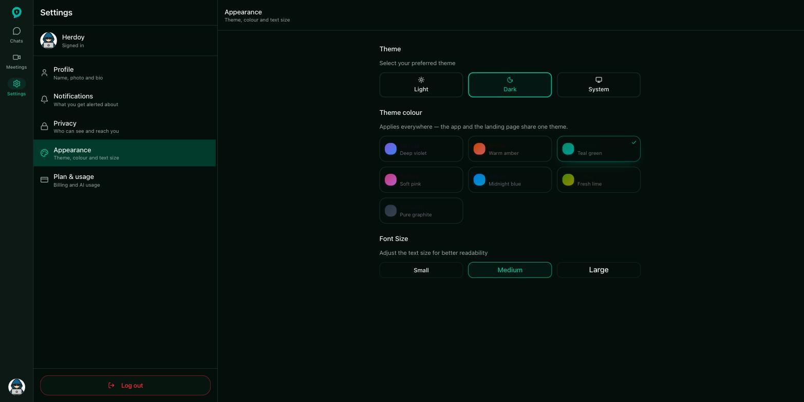 Appearance settings with light, dark and system modes and seven theme colours