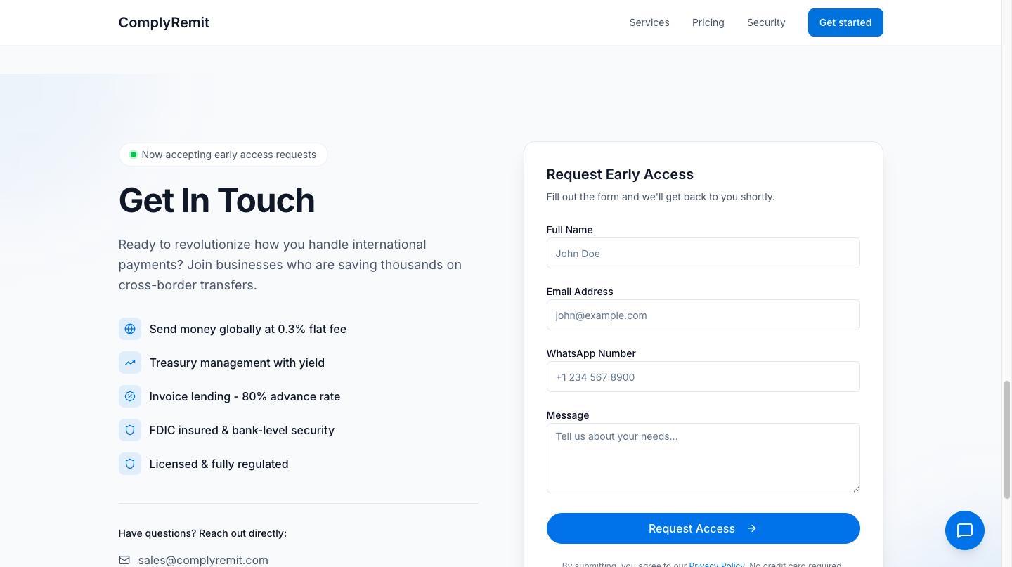 Get in touch section with an early access request form
