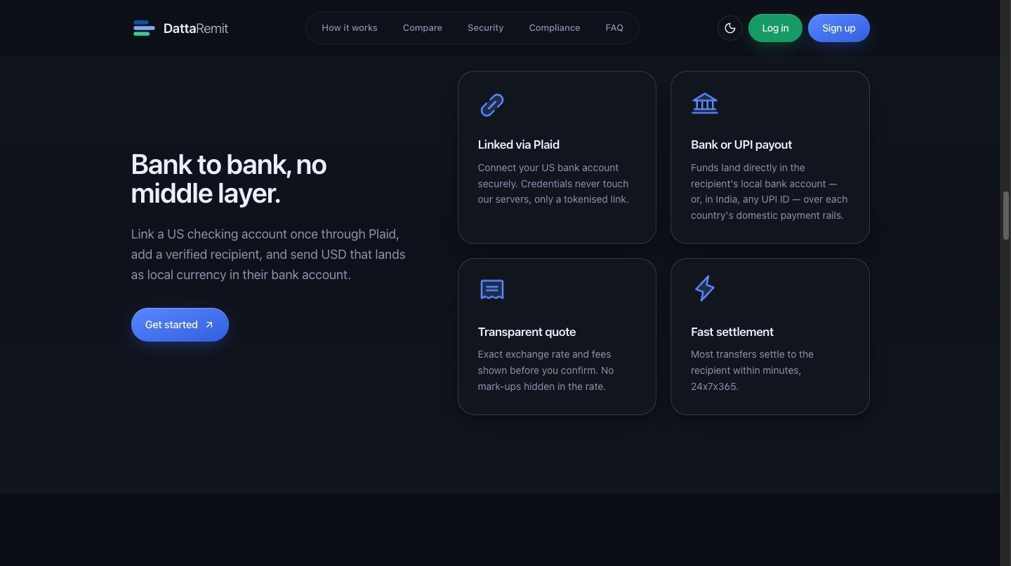 Feature grid covering Plaid bank linking, bank or UPI payout, transparent quotes and fast settlement