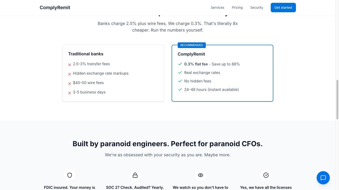Side-by-side comparison of traditional bank fees against ComplyRemit pricing
