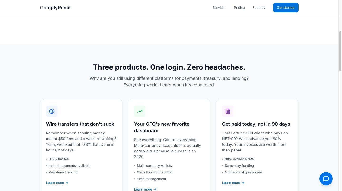 Three product cards covering payments, treasury management and invoice lending