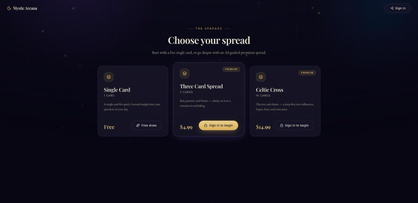 Spread selection screen showing Single Card, Three Card and Celtic Cross tiers