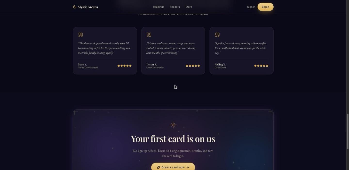 Testimonial cards and a closing call to action offering a free card