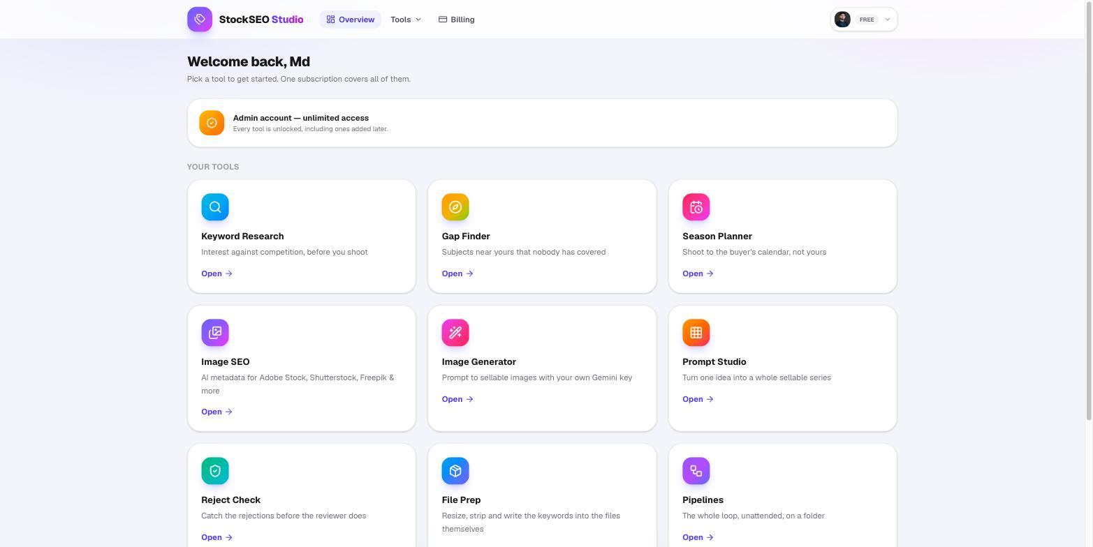 Signed-in dashboard hub showing the eleven tools as cards under a welcome header