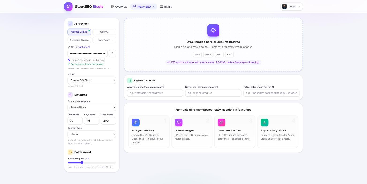 Image SEO tool with provider picker, marketplace and character-limit settings, and a batch upload zone