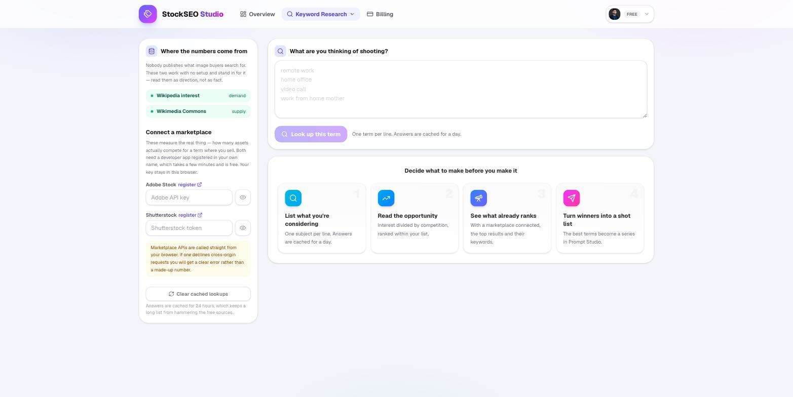 Keyword Research tool listing Wikipedia interest and Wikimedia Commons as sources with marketplace credential fields