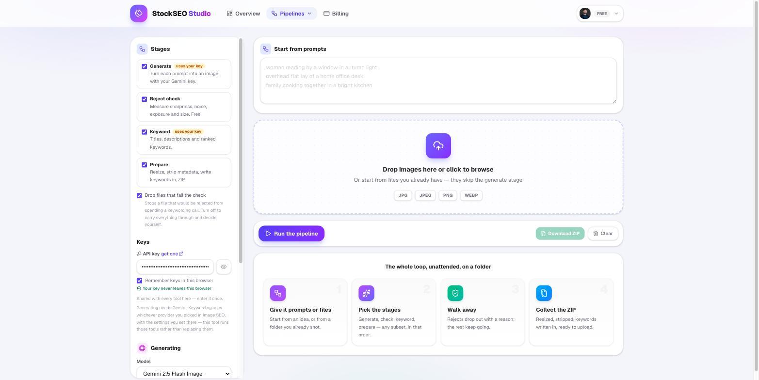 Pipelines tool with selectable generate, reject check, keyword and prepare stages and a run button