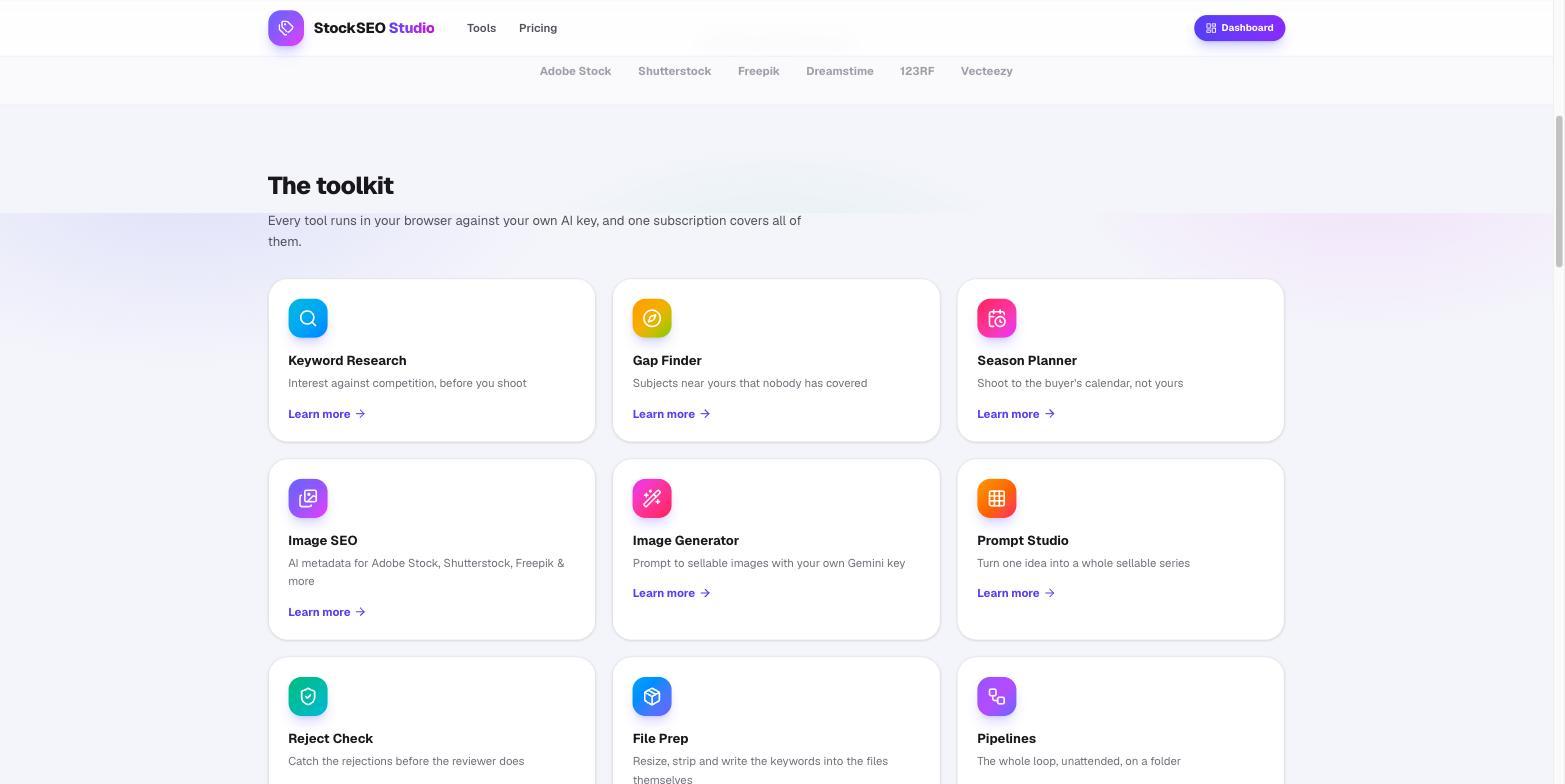 Landing page toolkit grid showing Keyword Research, Gap Finder, Season Planner, Image SEO, Image Generator, Prompt Studio and more